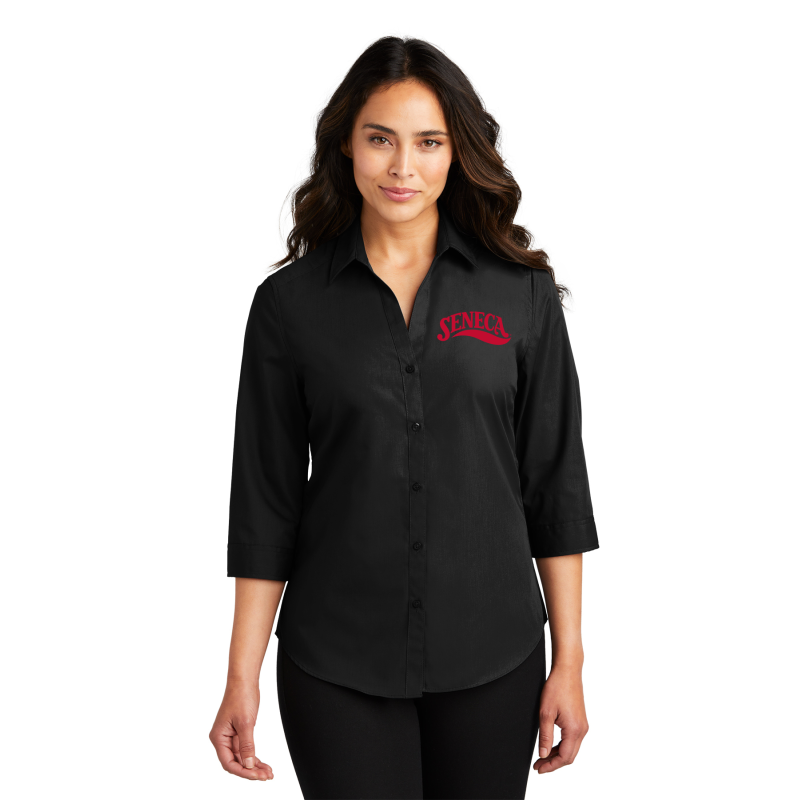 LW102 Port Authority® Ladies 3/4-Sleeve Carefree Poplin Shirt; LEFT CHEST EMBROIDERED LOGO
